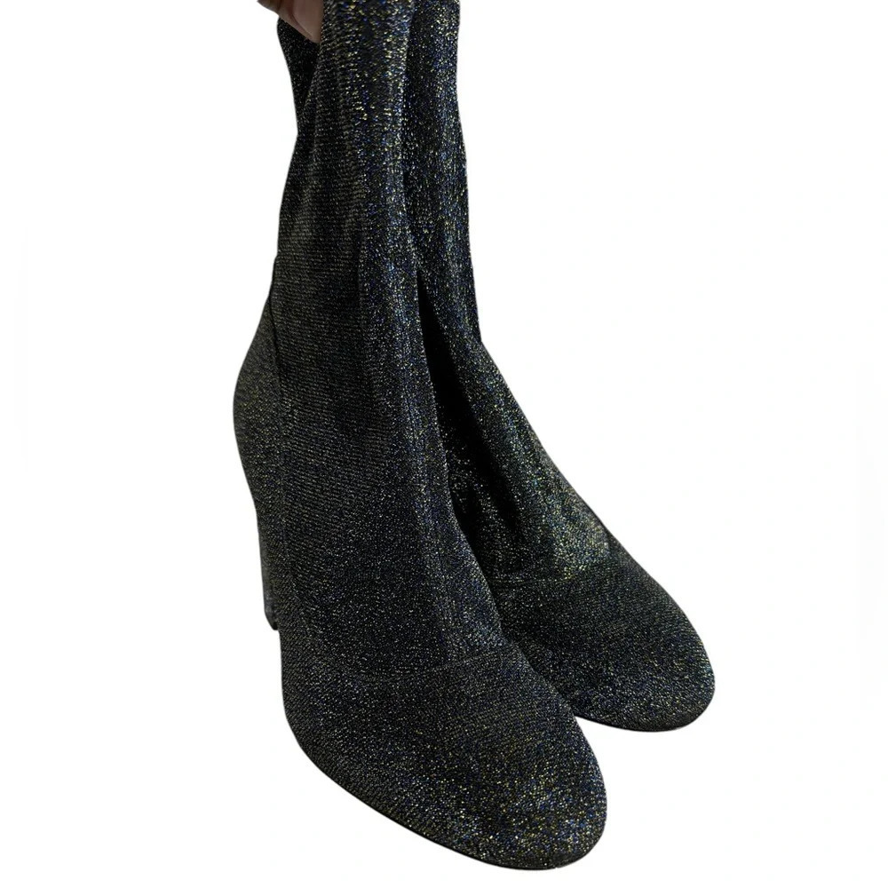 Sam Edelman blue and gold sparkle sock boot heeled 8.5